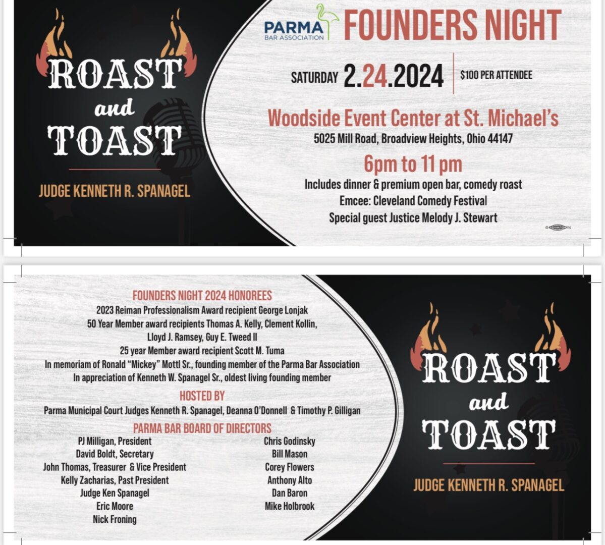 A roast and toast event flyer with some type of roast.